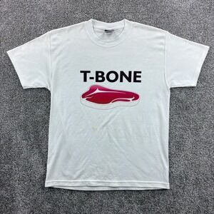 Vintage T-Bone Steak Shirt Mens Medium White Beef Cow Carnivore Meat